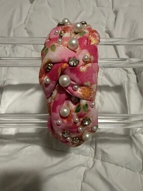 Pink Knotted Headband with Pearls and Jeweles
